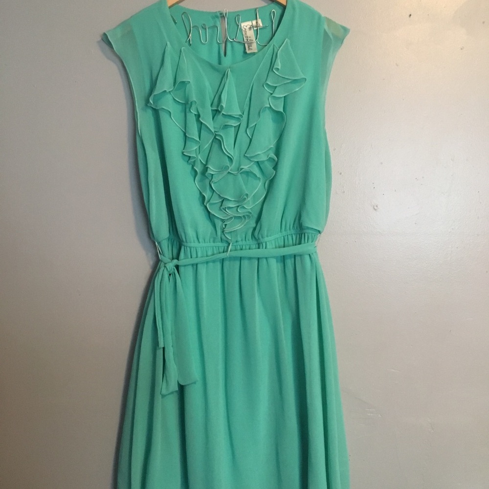 Teal Dress with Tie and Ruffle Detail Size 16